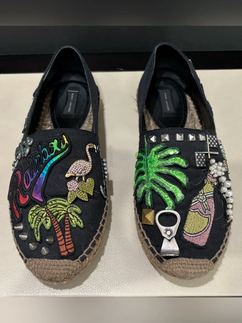Marc Jacobs Espadrilles Embellished Black Canvas Size 35, 80s Retro Style Summer